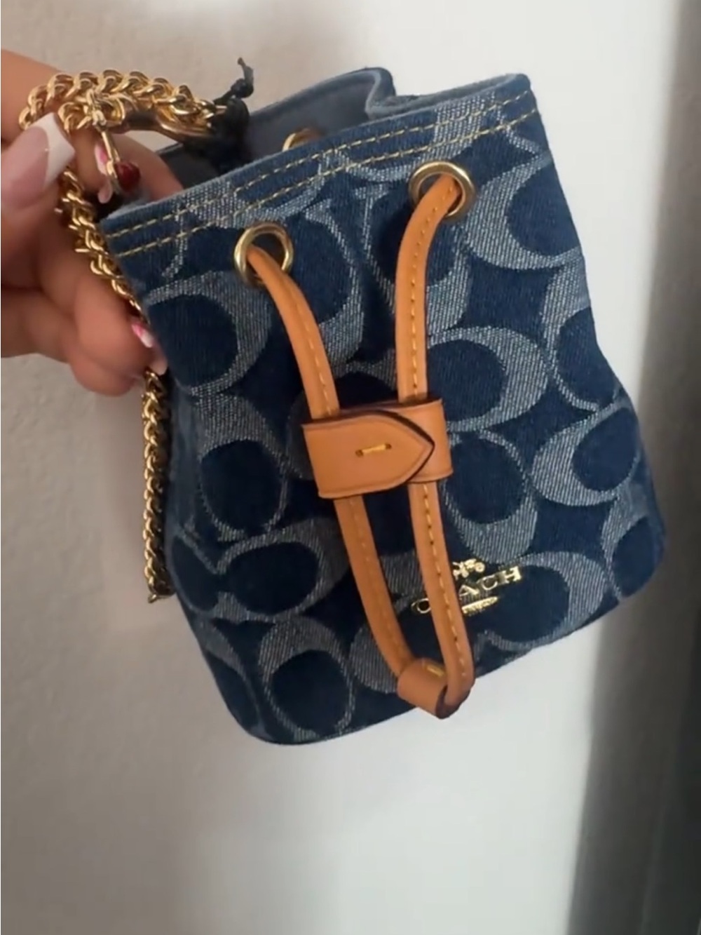 Coach Mini Drawstring Bucket Bag in Blue Denim with Tan Trim
